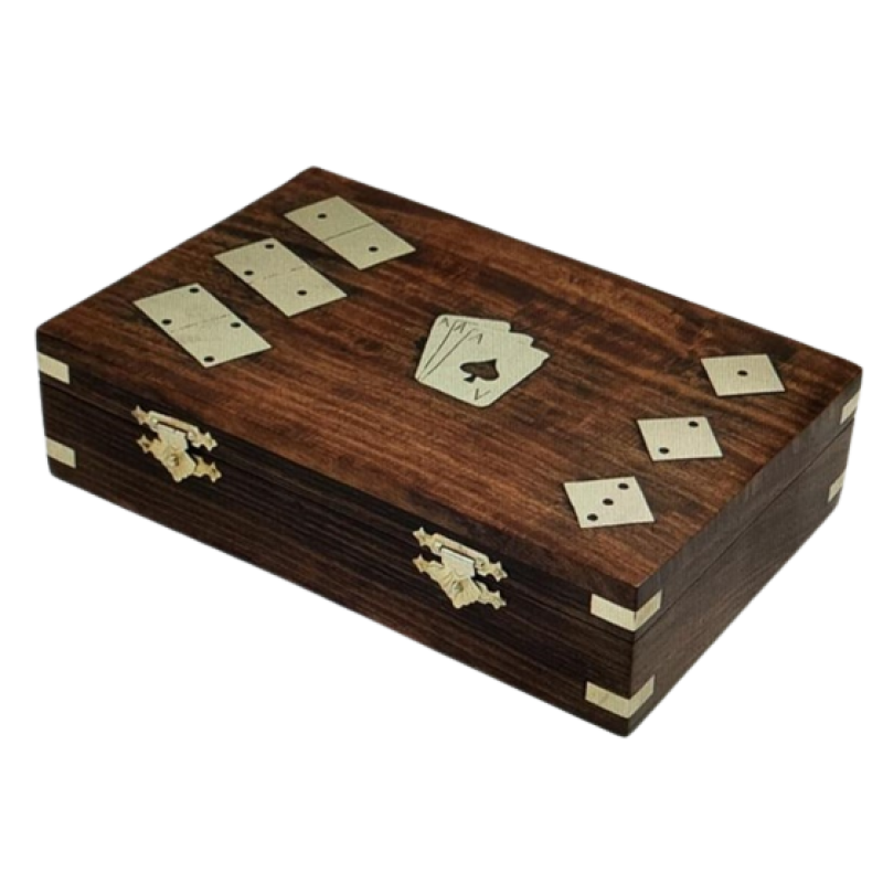 Wooden Playing Card Box with 5 Dice & 28 Dominoes Tiles Game Set Deck Pack Case Holder Storage Accessories Organizer with Playing Card